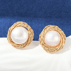 Flat Round Brass Imitation Pearl Stud Earrings&nbsp;KK-D301-10G