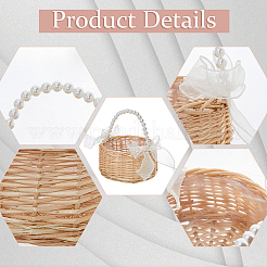 Wickerwork Baskets with Plastic Beaded Handle and Polyester Bowknot&nbsp;AJEW-WH0816-408