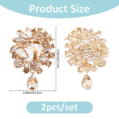2Pcs Flower & Teardrop Zinc Alloy Rhinestone Brooches for Backpack Clothes&nbsp;JEWB-FH0002-24