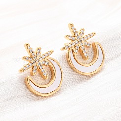 Star with Moon Brass Micro Pave Clear Cubic Zirconia Stud Earrings&nbsp;KK-D363-18G