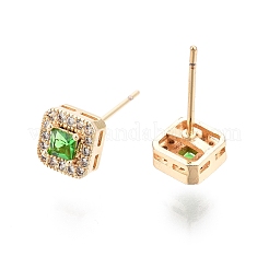Green Glass Square Stud Earrings with Cubic Zirconia&nbsp;EJEW-G321-08G