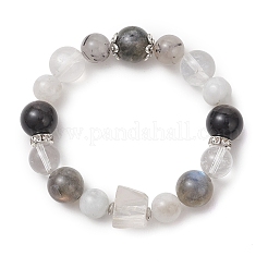 Natural Labradorite & Rainbow Moonstone & Quartz Crystal & Black Rutilated Quartz & Silver Obsidian Beaded Stretch Bracelets for Women&nbsp;BJEW-TA00740