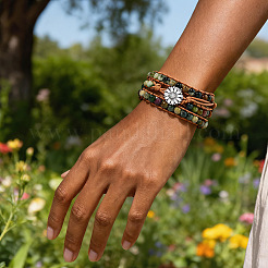 Adjustable Alloy Flower Natural Indian Agate Round Beaded Wrap Bracelets for Women&nbsp;WGB06FC-01