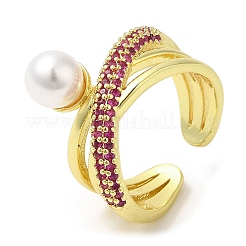 Cubic Zirconia Criss Cross Open Cuff Ring with Plastic Pearl Beaded&nbsp;RJEW-K247-04G