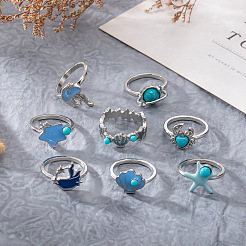 9Pcs Ocean Alloy Enamel Finger Rings Set&nbsp;WGEDDBB-01