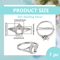 1Pc Teardrop Adjustable 925 Sterling Silver Rhinestone Finger Ring Components&nbsp;STER-BC0003-65