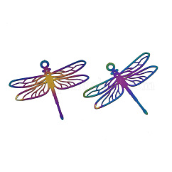 Ion Plating(IP) 201 Stainless Steel Filigree Pendants, Etched Metal Embellishments, Dragonfly, Rainbow Color, 29x34.5x0.2mm, Hole: 1.8mm