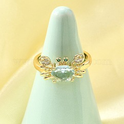 Ocean Theme Brass Micro Pave Cubic Zirconia Cuff Rings for Women, Cadmium Free & Lead Free, Real 18K Gold Plated, Crab, 9x15.5mm