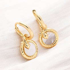 Flat Round with Snake Brass Shell Hoop Earrings&nbsp;KK-D363-21G
