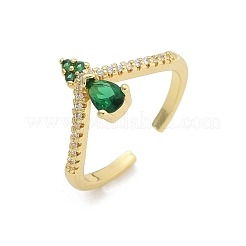 Rack Plating Teardrop Brass Micro Pave Cubic Zirconia Open Cuff Finger Rings for Women&nbsp;RJEW-M028-84G