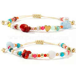 2pcs Boho Style Handmade Heart Natural Mixed Gemstone & Shell Beads Braided Bead Bracelets for Women&nbsp;ZU4451-4