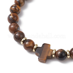 Natural Tiger Eye Cross Round Beaded Stretch Bracelets for Men Women&nbsp;BJEW-JB12258-01