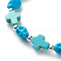 Synthetic Turquoise(Dyed) Cross & Skull Beaded Stretch Bracelet&nbsp;BJEW-JB08451-04