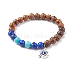 Natural Wenge Wood & Lapis Lazuli & Synthetic Turquoise Round Beaded Stretch Bracelet&nbsp;BJEW-JB08206