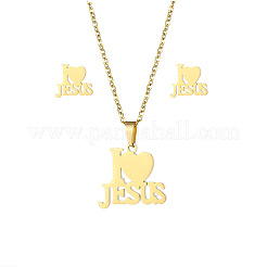 Word I Love Jesus 304 Stainless Steel Pendant Necklaces & Stud Earrings Sets&nbsp;FS-WGBBC94-01