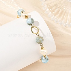 Natural Larimar & Cultured Freshwater Pearl Brass Link Bracelets for Women&nbsp;BJEW-JB14409