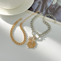 2Pcs 2 Styles Alloy & Iron & Crystal Rhinestone Charm Bracelets & Curb Chain Bracelets for Women&nbsp;FS-WGBE51F-01