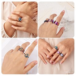 9Pcs 9 Style Rainbow Color 304 Stainless Steel Heart & Star & Word Love Cuff Rings&nbsp;RJEW-SZ0001-20