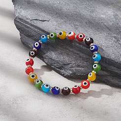 Handmade Evil Eye Lampwork Round & Rhinestone Beaded Strech Bracelet for Women&nbsp;BJEW-JB09362