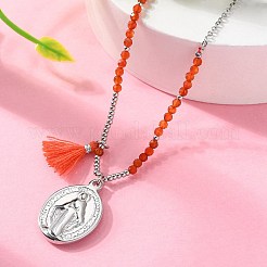 304 Stainless Steel Oval Virgin Mary Pendant Necklaces&nbsp;NJEW-A045-24P