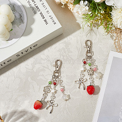 2Pcs Resin Strawberry & Alloy Bowknot Pendant Decorations&nbsp;HJEW-SP0001-15