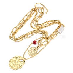 304 Stainless Steel & Synthetic Dyed Red Turquoise Round and ABS Imitation Pearl Oval Pendant 3 Layer Necklaces for Women&nbsp;NJEW-M100-01G