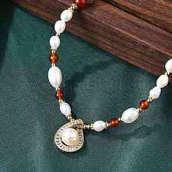 Brass Glass & Pearl Teardrop Pendant Necklaces&nbsp;NJEW-P325-01G