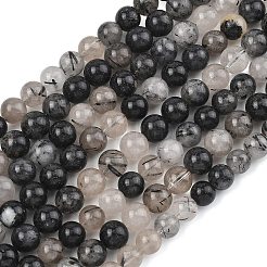 Natural Tourmalinated Quartz/Black Rutilated Quartz Beads Strands&nbsp;G-D361-01A-8-9mm