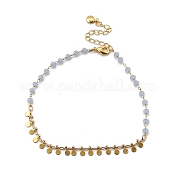 Bohemian Natural Dyed Stone Imitation Aquamarine Faceted Round & Brass Disc Tassel Anklets&nbsp;AJEW-Z046-07G