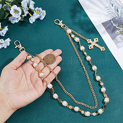 1Pc Alloy & Iron & Round White Imitation Pearl Link Chain Double Layer Cross Charm Pants Chains&nbsp;HJEW-ME0002-24