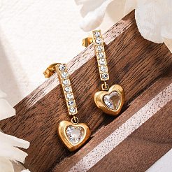 304 Stainless Steel Rhinestone Heart Dangle Stud Earrings&nbsp;EJEW-Q386-03G