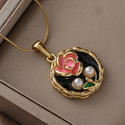 316 Surgical Stainless Steel Enamel with Imitation Pearl Flat Round with Flower Pendant Necklaces for Women&nbsp;JA3265