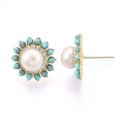 Flower Brass Natural Pearl Stud Earrings&nbsp;PEAR-N020-05Y
