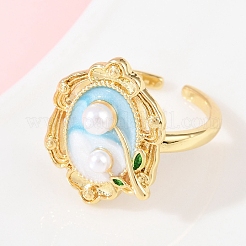 Brass Sky Blue Enamel Flower Cuff Rings&nbsp;RJEW-C139-18C-G