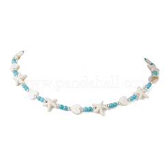 Summer Beach Round Synthetic Turquoise & Natural Freshwater Shell Heart Starfish Beaded Necklaces&nbsp;NJEW-JN05209