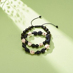 2Pcs 2 Style Natural Golden Sheen Obsidian & Mixed Gemstone Skull Braided Bead Bracelets Set&nbsp;BJEW-JB08382