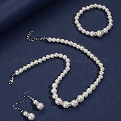 Plastic Imitation Pearl Round Beads Bracelets & Dangle Earrings & Necklaces Sets for Women&nbsp;FS-WG77A0B-01