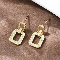 Brass Clear Cubic Zirconia Rectangle Dangle Stud Earrings&nbsp;EJEW-A156-01G