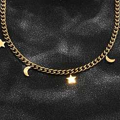 304 Stainless Steel Twisted Chain Necklaces with Moon Star Charm Tassel&nbsp;NJEW-R023-05G