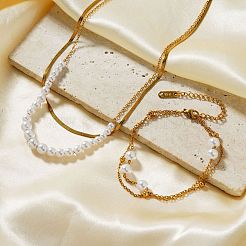 Stainless Steel & Round Plastic Pearl Link Chain Double Layer Bracelets&nbsp;AT2612