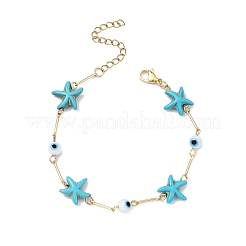 3Pcs 3 Color Glass Evil Eye & Synthetic Turquoise Starfish Link Chain Bracelets Set&nbsp;BJEW-TA00428