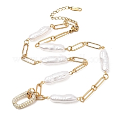 304 Stainless Steel Micro Pave Clear Cubic Zirconia Rectangle Pendant Plastic Pearl Beaded Chain Necklaces&nbsp;SA-CBAF6AD-05G