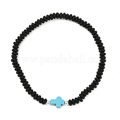 Natural Lava Rock Rondelle & Synthetic Turquoise Cross Beads Stretch Bracelets for Men&nbsp;BJEW-JB12054-03