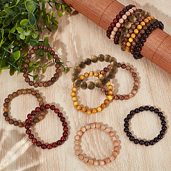 16Pcs 8 Styles Natural Sandalwood Round Beaded Stretch Bracelet for Men Women&nbsp;BJEW-GO0001-36