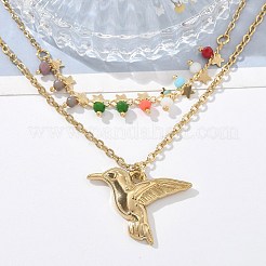 304 Stainless Steel & Colorful Glass Beads Double Layer Necklaces&nbsp;NJEW-Z061-03G