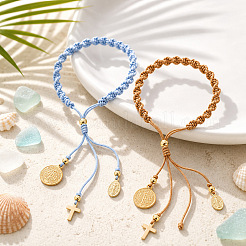 2Pcs 2 Colors Adjustable Polyester Braided Bracelets with 304 Stainless Steel and Brass Cross and Saint Benedict Medal Tassel Charms&nbsp;IW4580