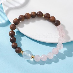 Natural Rose Quartz & Quartz Crystal & Sandalwood Round Beaded Stretch Bracelets for Women & Girl&nbsp;BJEW-TA00720