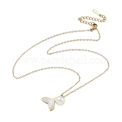 304 Stainless Steel with Natural White Shell Whale Tail Pendant Necklaces with ABS Plastic Pearl Round Beads&nbsp;NJEW-C114-01G