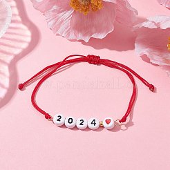 2Pcs 2 Color Heart with Word 2024 Acrylic Braided Bead Bracelets Set&nbsp;BJEW-JB09780
