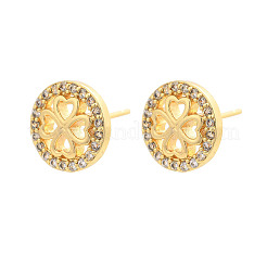 Flat Round with Clover Brass Micro Pave Clear Cubic Zirconia Stud Earrings&nbsp;EJEW-H162-01G